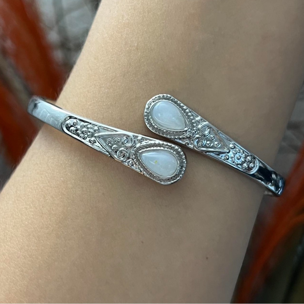 Silver White Crystals Peacock Feather Chunky Cuff Bangle Bracelet
